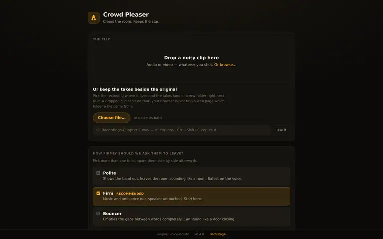 Crowd Pleaser: a drop zone for a noisy clip, a pick-by-path option and the Polite, Firm and Bouncer strengths